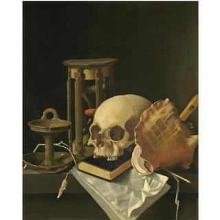 Adriaen Coorte - A Vanitas Still Life, With A Skull, An Hourglass, An Oil Lamp, A Conch Shell, A Closed Book, A Recorder, A Musical Score, Together With Some Scattered Ears Of Corn, All Upon A Stone Ledge