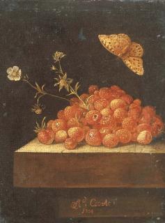 Adriaen Coorte - Stawberries in a pot on a stone ledge with a butterfly