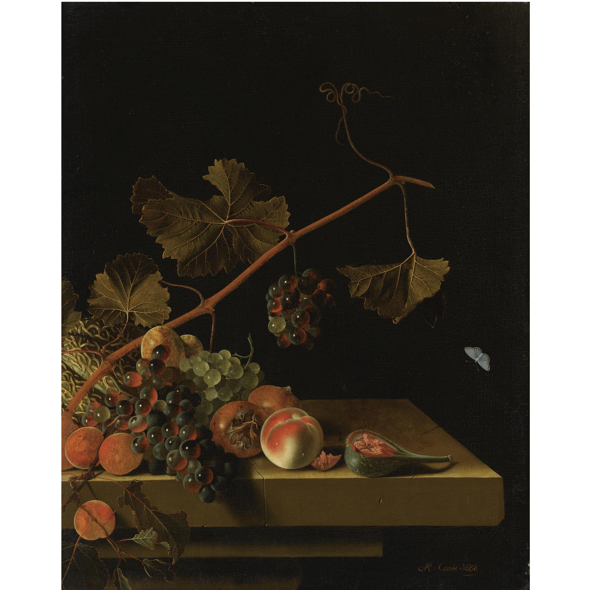 Adriaen Coorte - Still Life Of A Vine Twig With Grapes, Peaches, Apricots, Medlars, A Melon And A Halved Fig, Resting On A Stone Ledge