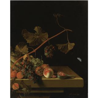 Adriaen Coorte - Still Life Of A Vine Twig With Grapes, Peaches, Apricots, Medlars, A Melon And A Halved Fig, Resting On A Stone Ledge