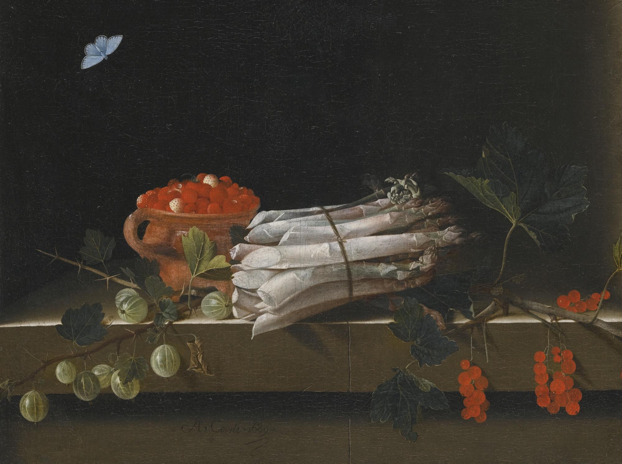 Adriaen Coorte - Still Life Of An Earthenware Bowl Of Wild Strawberries, A Bundle Of Asparagus And Sprigs Of Gooseberry And Redcurrants, All On A Stone Ledge With A Pale Blue Butterfly Above