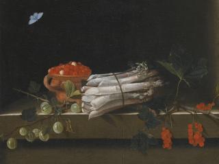 Adriaen Coorte - Still Life Of An Earthenware Bowl Of Wild Strawberries, A Bundle Of Asparagus And Sprigs Of Gooseberry And Redcurrants, All On A Stone Ledge With A Pale Blue Butterfly Above