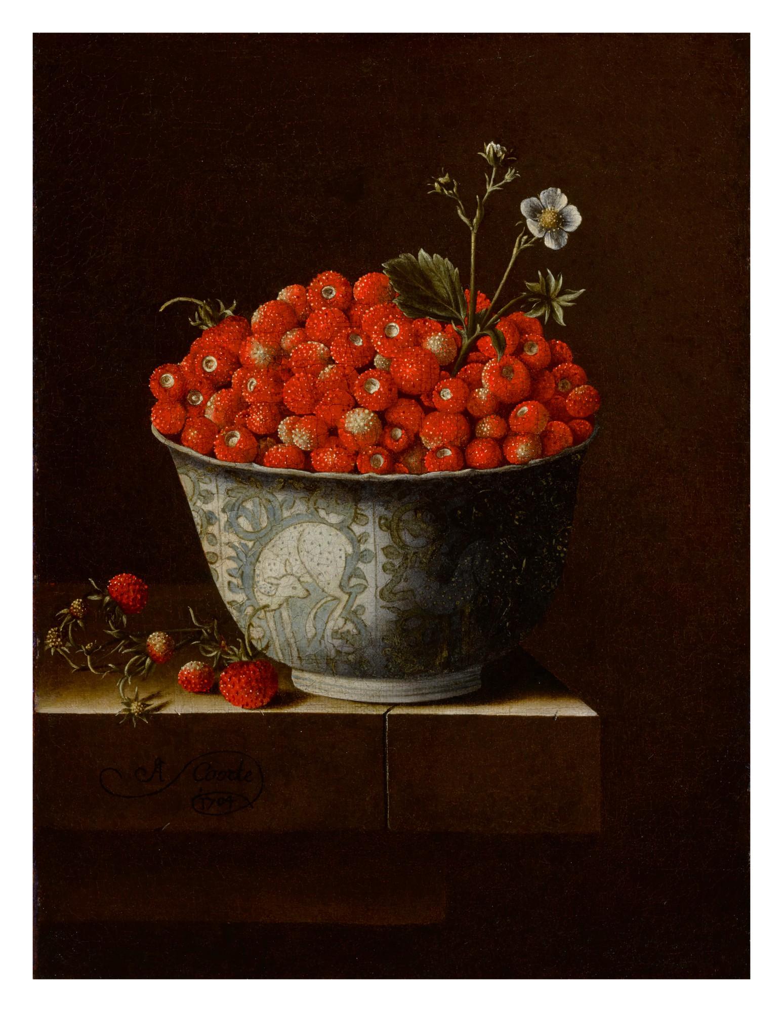 Adriaen Coorte - Still life of fraises-de-bois in a Wan-Li bowl upon a stone ledge