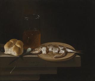 Adriaen Coorte - Still Life Of Herring On A Plate With A Bread Roll, A Glass Of Beer And An Onion