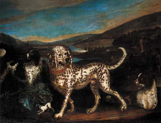Adriaen Cornelisz. Beeldemaker - A dalmatian with a sportsman and hounds in a landscape