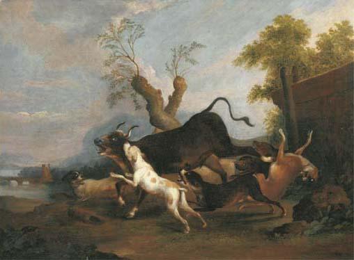 Adriaen Cornelisz. Beeldemaker - A pastoral river landscape with hounds chasing a bull