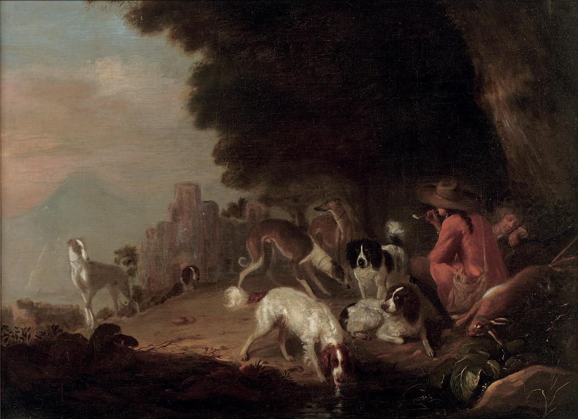 Adriaen Cornelisz. Beeldemaker - Huntsmen resting with their hounds in a landscape