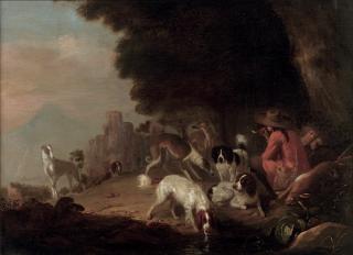Adriaen Cornelisz. Beeldemaker - Huntsmen resting with their hounds in a landscape