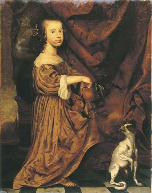 Adriaen Cornelisz. Beeldemaker - Portrait Of A Young Lady, Full-Length, In An Orange Dress, Holding Two Appeltjes Van Oranje In Her Right Hand, Her Dog Beside Her, On A Terrace