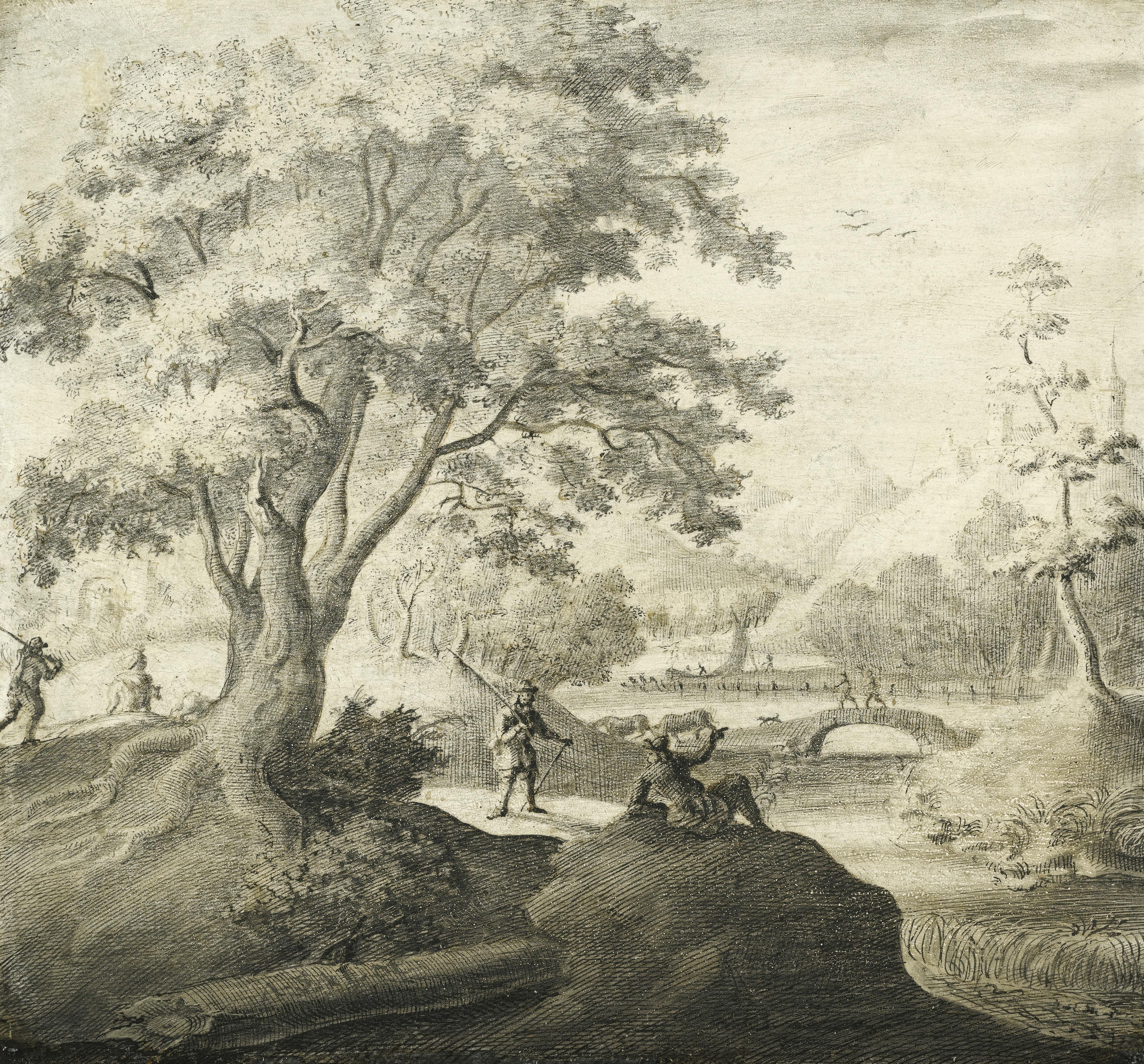 Adriaen Cornelisz. Van Der Salm - River Landscape With Figures Resting Along A Path