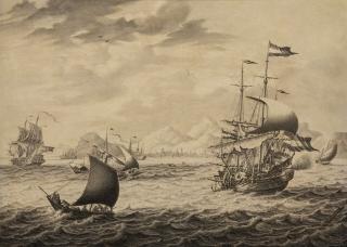 Adriaen Cornelisz. van Salm - A Dutch ship and vessel under sail in a moderate breeze off a high coast