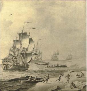 Adriaen Cornelisz. van Salm - Whaling Ships In Rough Waters With Whale Hunters Bringing In Their Catch; En Grisaille