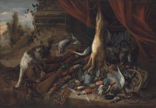 Adriaen de Grijef - A hare, blue and yellow tits, a jay, a mallard duck, snipes and a heron on a stone ledge, with a spaniel and a rifle on a carpet, before a draped curtain, in a park landscape