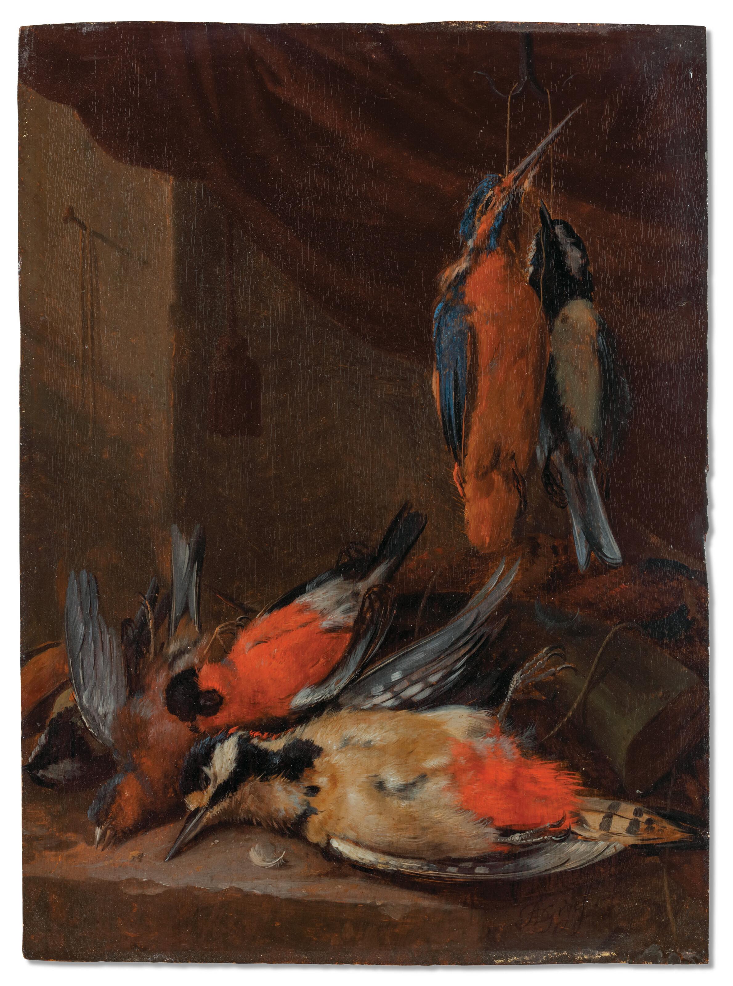 Adriaen De Grijef - A hunting still life with various songbirds