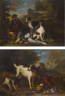 Adriaen De Grijef - A Still Life With A Hunter Holding A Gun, Game, And Dogs, And A Landscape Beyond; A Still Life With A Hunter Holding A Trumpet, Game, And Dogs, And A Landscape Beyond: A Pair