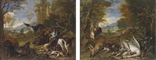 Adriaen de Gryef - A Hound Guarding Dead Game Birds, A Stag And A Hare, With Huntsmen In A Landscape; And Hounds With A Dead Swan, Hare And A Boar, With Huntsmen In A Landscape