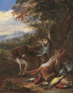Adriaen De Gryef - A hunting still life with a spaniel watching a bag of hare and songbirds, a landscape with a hunter and his dog beyond