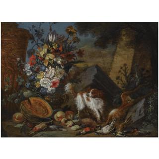 Adriaen de Gryef - A Still Life With A Bouquet Of Flowers In A Vase, A Pumpkin, Prunes And Peaches, And A Dead Hare And Dead Birds In The Foreground, Together With A Dog