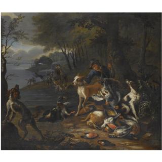 Adriaen de Gryef - A Wooded Landscape With Huntsmen And Their Hounds On The Banks Of A Lake, An Abundance Of Dead Game In The Foreground