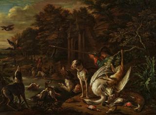 Adriaen de Gryef - Jäger mit Hunden und Beute bei der Entenjagd am Wasser