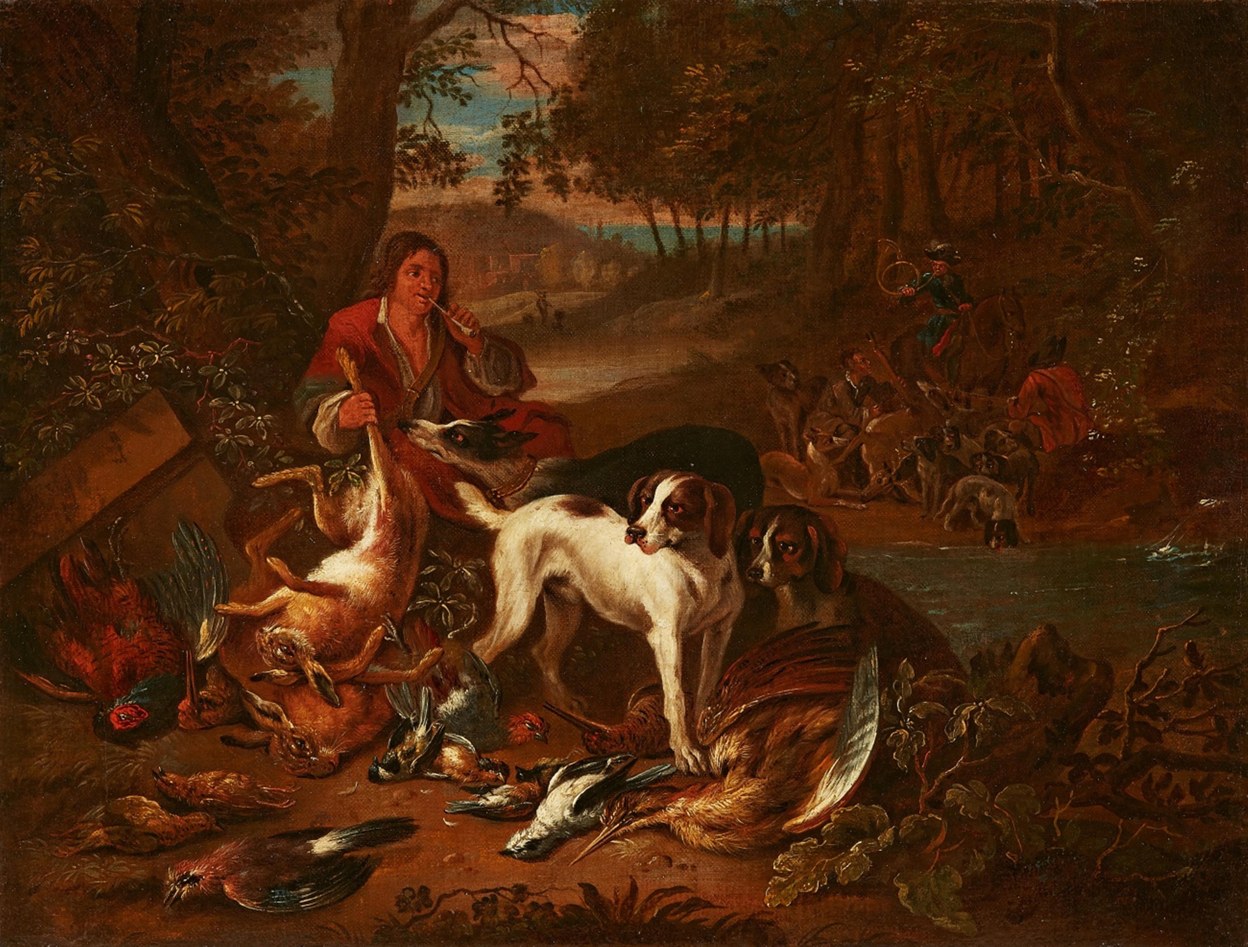 Adriaen de Gryef - Landschaft mit Jägern, Hunden und erlegtem Wild