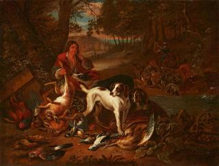 Adriaen de Gryef - Landschaft mit Jägern, Hunden und erlegtem Wild