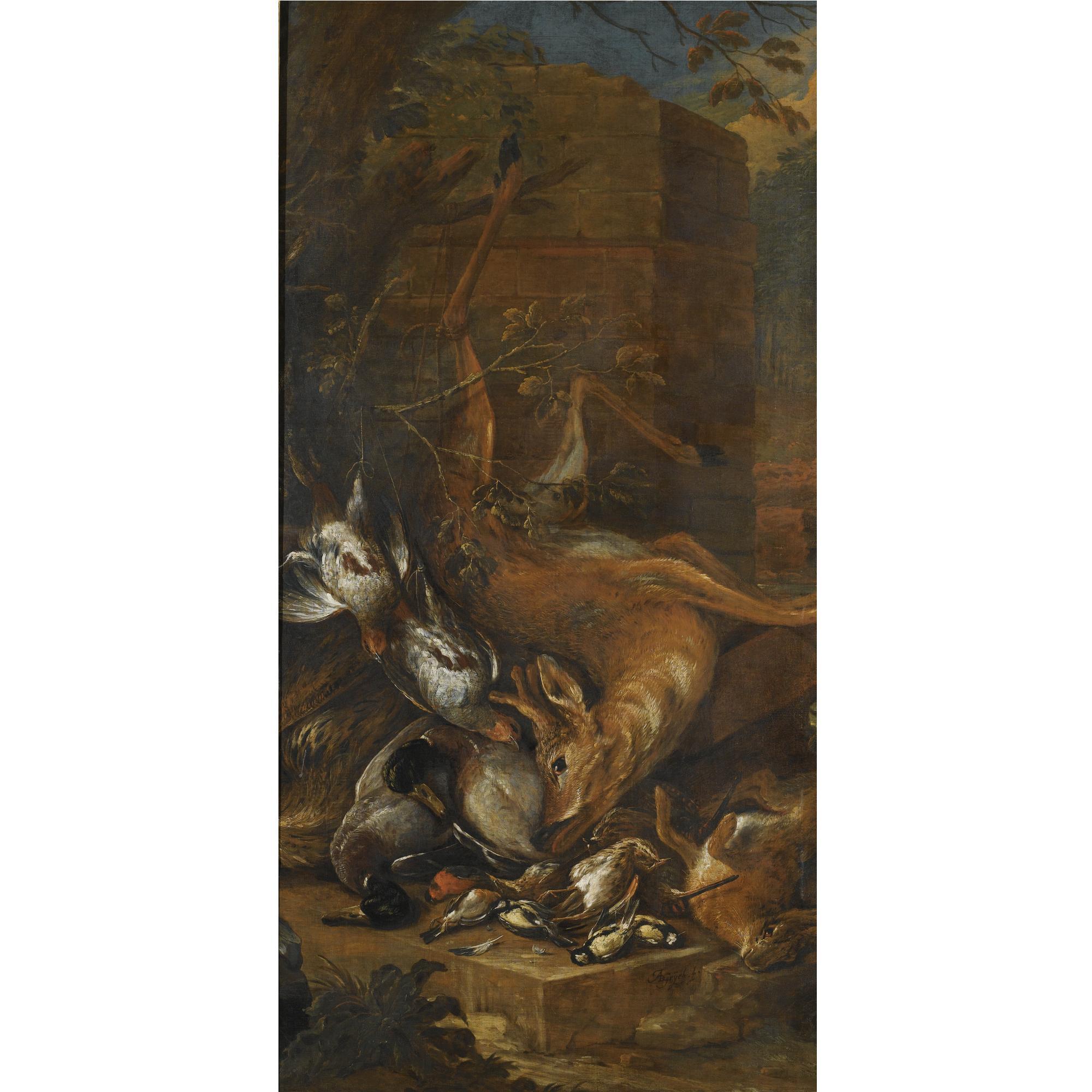 Adriaen de Gryef - Still Life Of A Dead Roebuck And Other Game; Still Life Of A Dead Hare And Other Game With Hunting Dogs