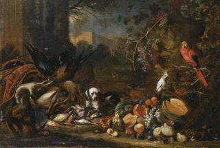 Adriaen De Gryeff - A hound, watching dead game and fruits with guineapigs, a parrot and a cockatoo perched on branches nearby, in a classical landscape
