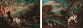 Adriaen de Gryeff - Spaniels flushing a mallard with Orpheus charming the animals beyond; and Spaniels in a river landscape with Adam and Eve in the Garden of Eden beyond