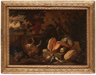 Adriaen de Gryeff - Still life with fruits and quarry