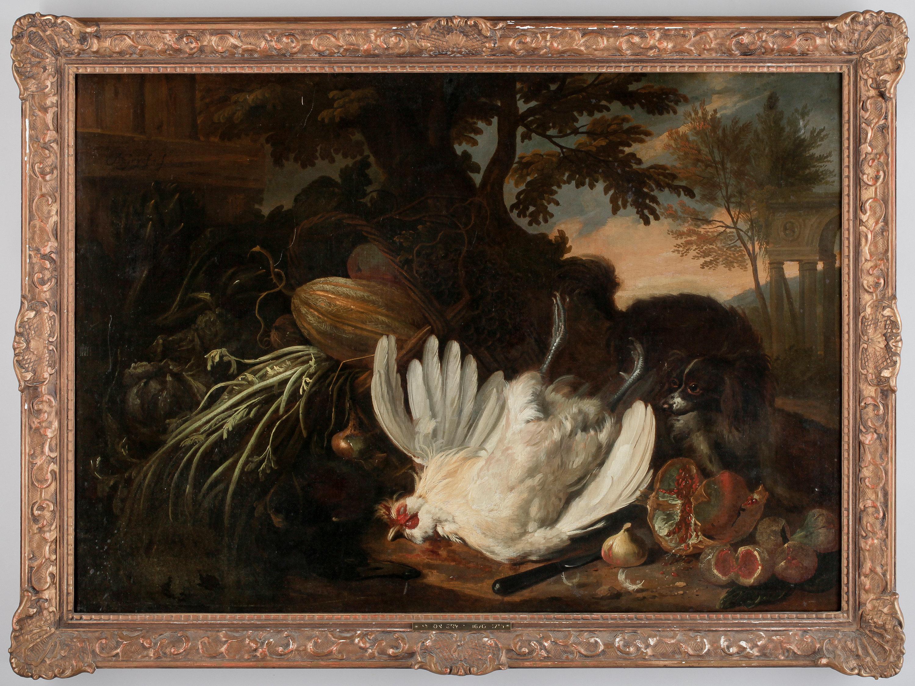 Adriaen de Gryeff - Still life with hen, vegetables and dog.