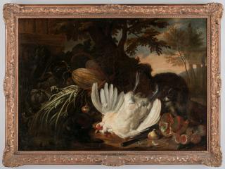 Adriaen de Gryeff - Still life with hen, vegetables and dog.