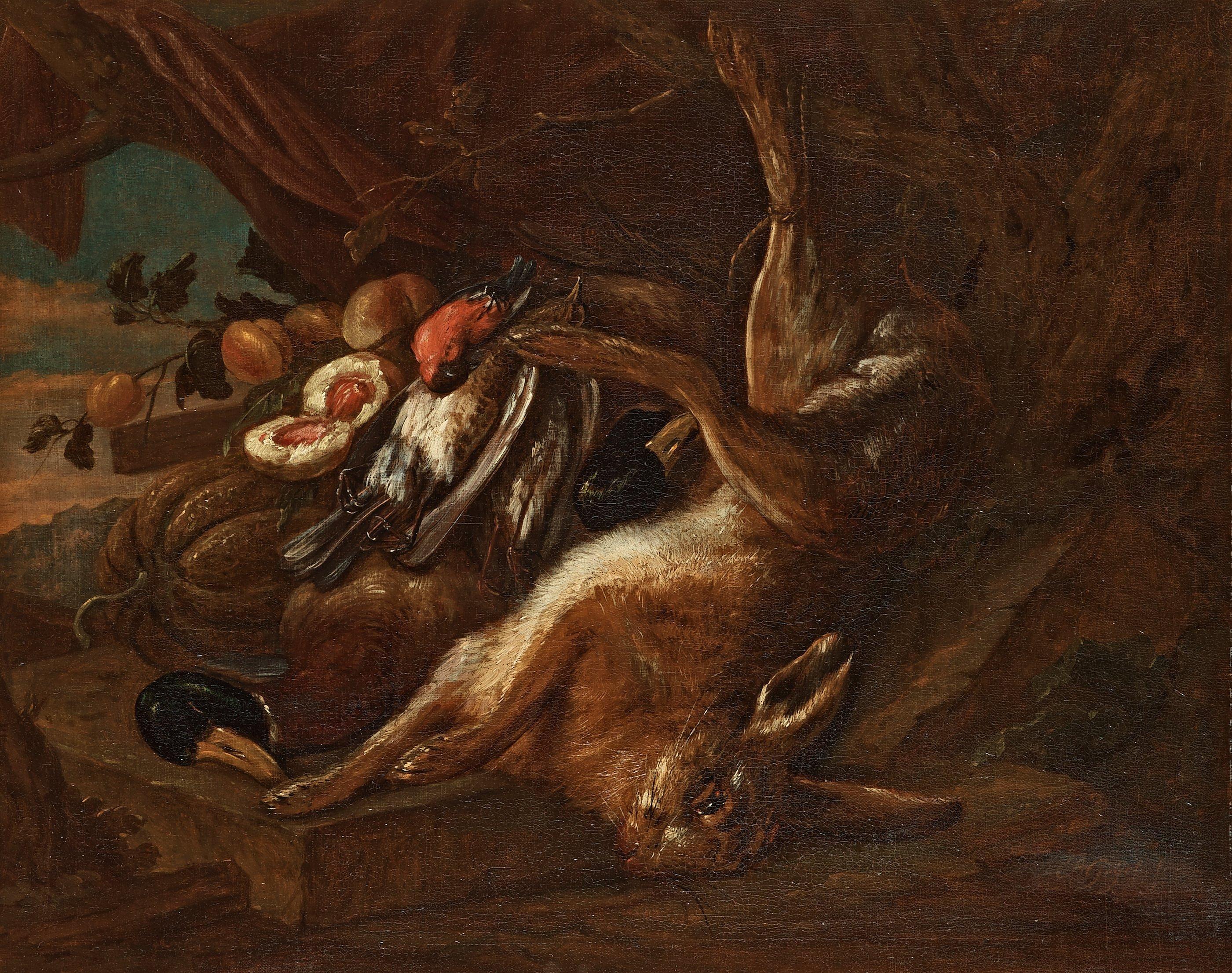 Adriaen de Gryeff - Still life with rabbit, duck and small birds