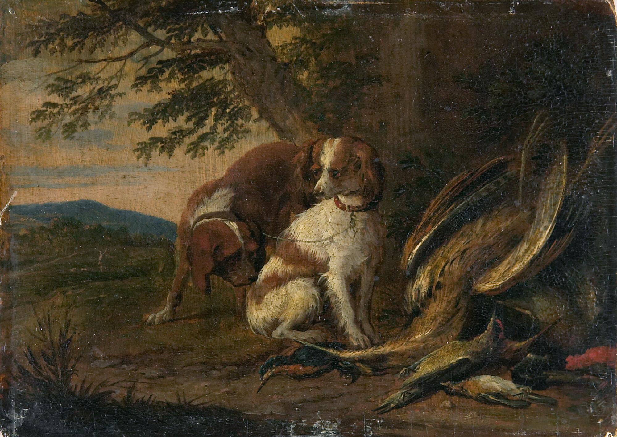Adriaen de Gryeff - Zwei Jagdhunde mit erlegten Wildvögeln.