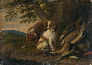Adriaen de Gryeff - Zwei Jagdhunde mit erlegten Wildvögeln.