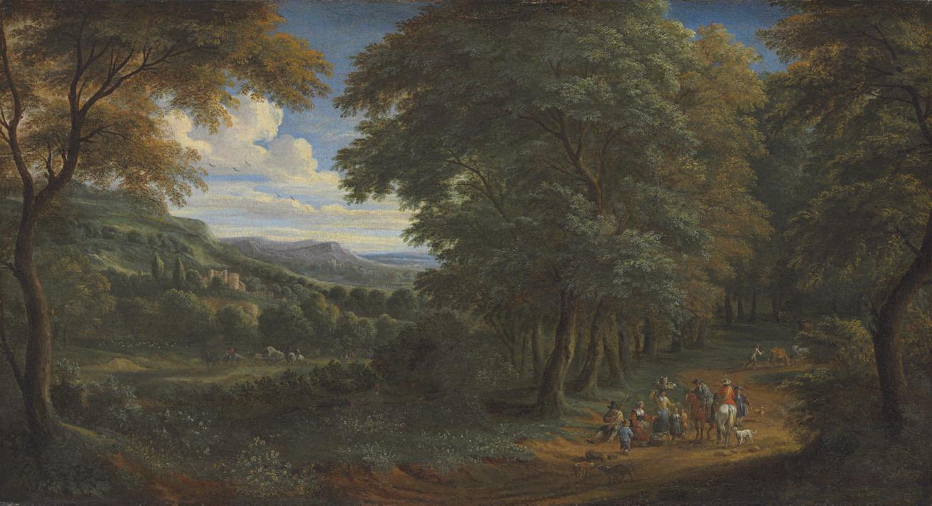 Adriaen Frans Boudewijns - A wooded landscape with horsemen greeting travelers on a path
