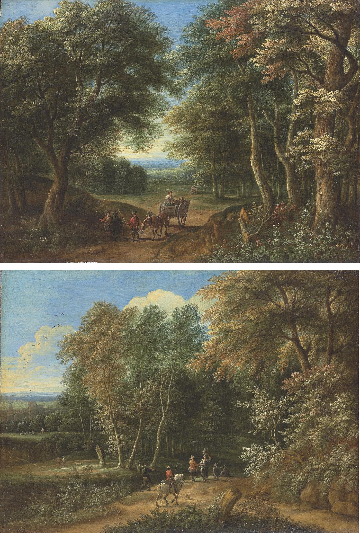 Adriaen Frans Boudewijns - A wooded landscape with travellers and a cart and horse; and A wooded landscape with travellers, a castle beyond