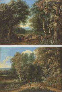 Adriaen Frans Boudewijns - A wooded landscape with travellers and a cart and horse; and A wooded landscape with travellers, a castle beyond