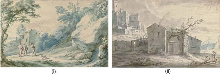 Adriaen Frans Boudewijns - An extensive landscape with travellers on a path before a cottage; and A landscape with a farm house and two figures, a fortified village seen beyond