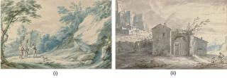 Adriaen Frans Boudewijns - An extensive landscape with travellers on a path before a cottage; and A landscape with a farm house and two figures, a fortified village seen beyond