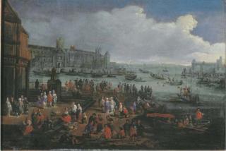 Adriaen Frans Boudewijns - An Italianate harbour with elegant figures