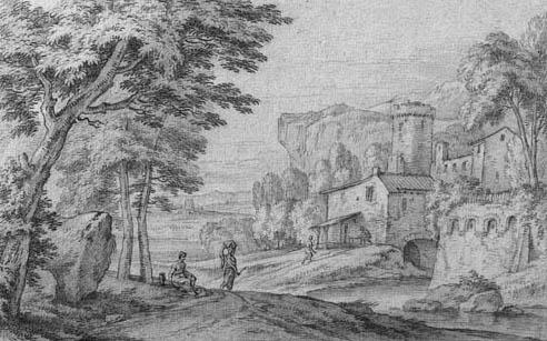 Adriaen Frans Boudewyns - An Italianate river landscape with travellers on a road near a fortified town