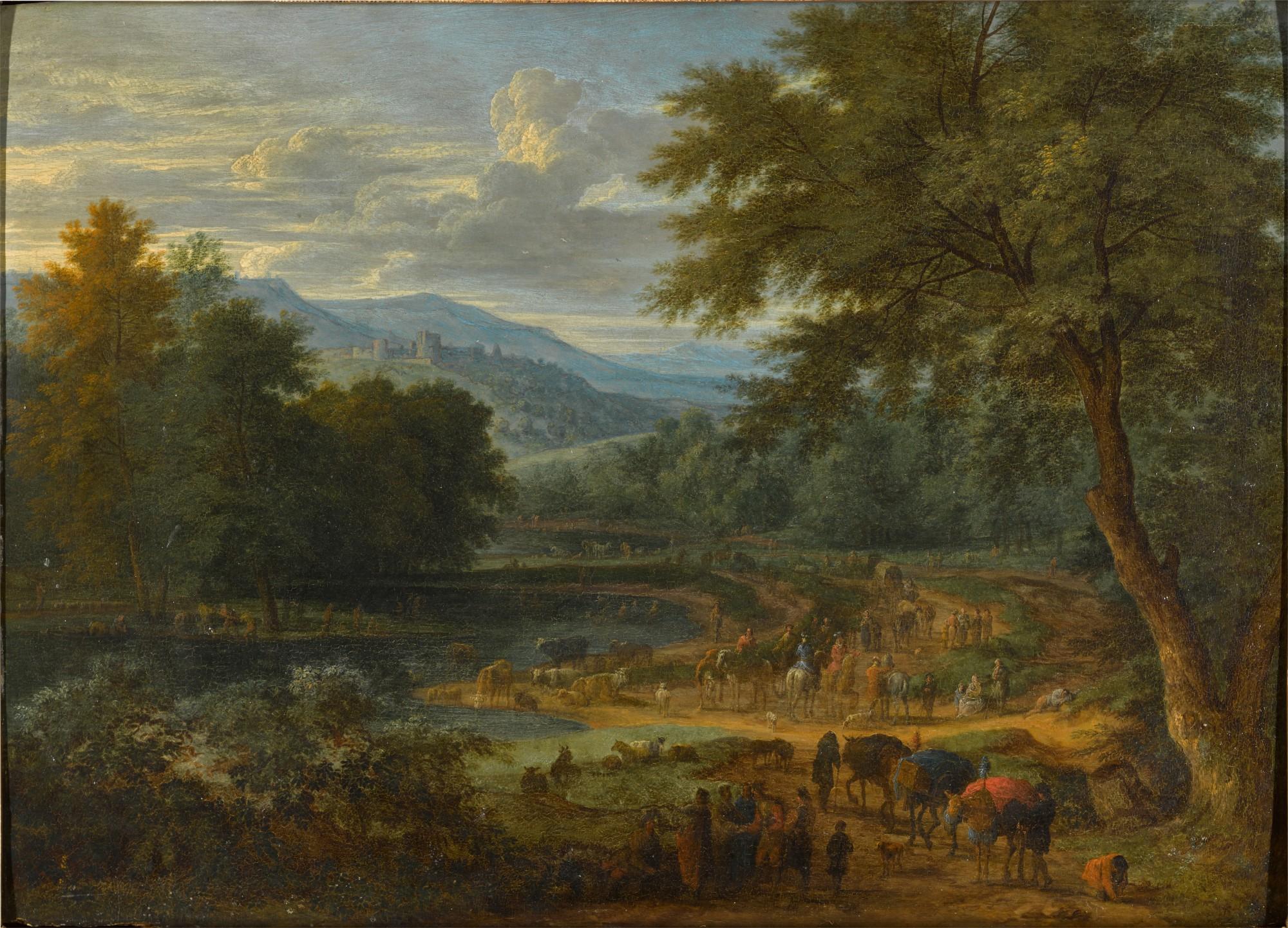Adriaen Fransz. Boudewijns - River landscape with drovers, cattle and gentlemen on horseback