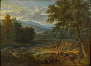 Adriaen Fransz. Boudewijns - River landscape with drovers, cattle and gentlemen on horseback