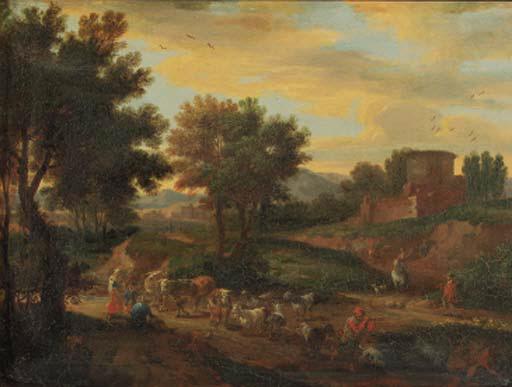 Adriaen Fransz. Boudewijns - Shepherds fording cattle and flock on a sandy track by a ruined castle, in an Italianate landscape