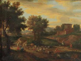 Adriaen Fransz. Boudewijns - Shepherds fording cattle and flock on a sandy track by a ruined castle, in an Italianate landscape
