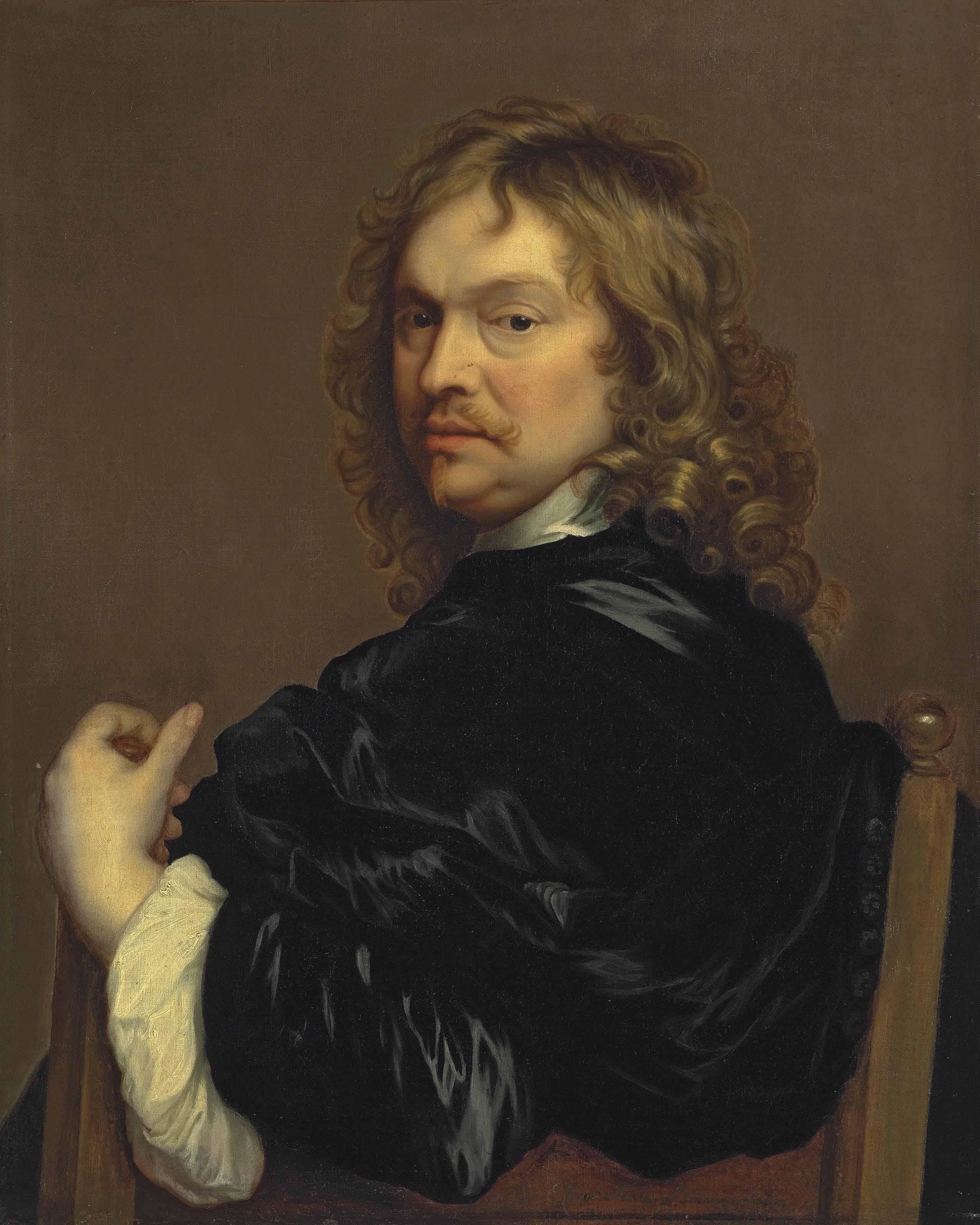 Adriaen Hanneman - Portrait of the artist, half-length, in a black cloak, leaning on the back of a chair