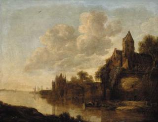 Adriaen Hendricksz. Verboom - A castle by a river with fishermen in a rowing boat, at sunset