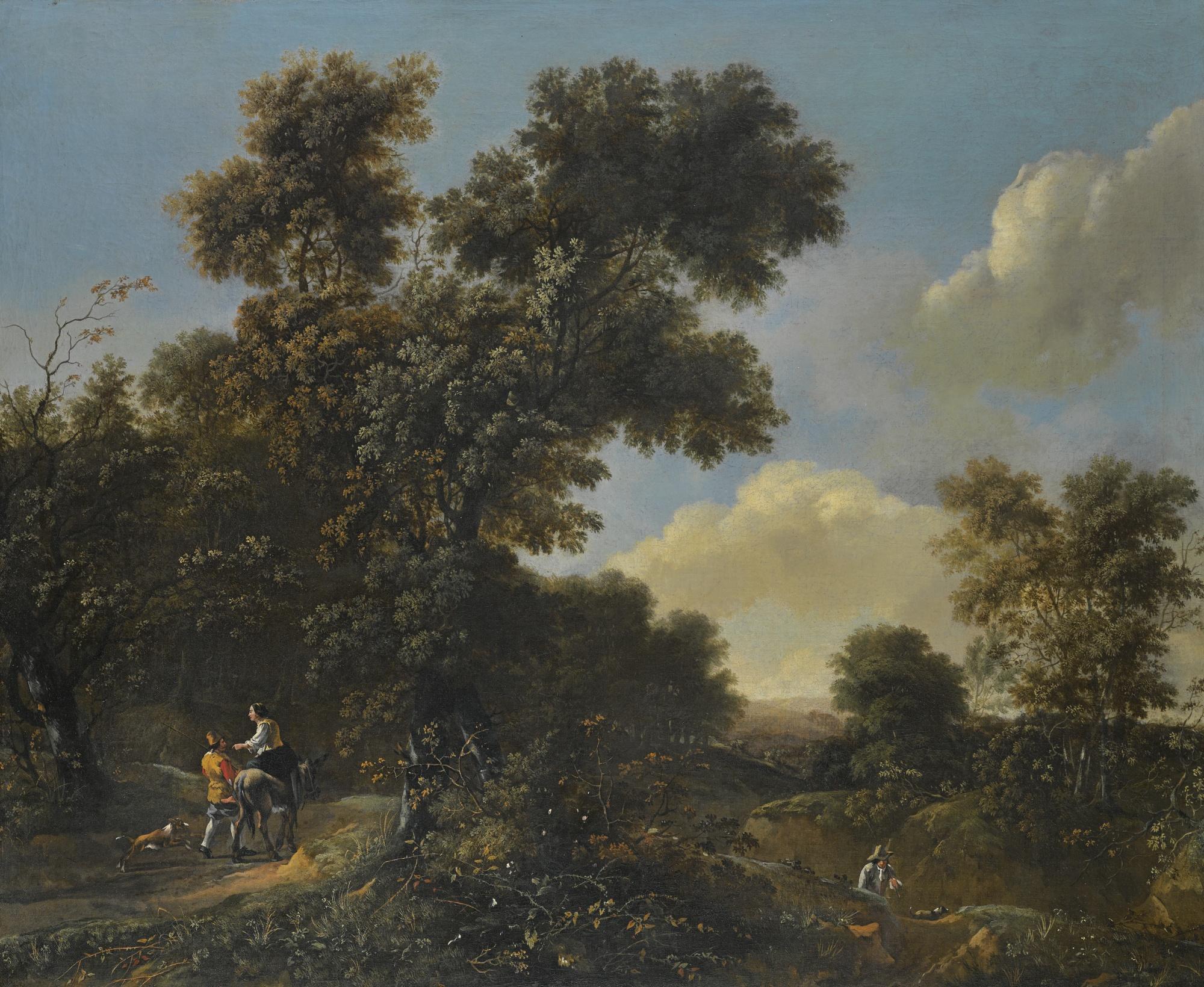 Adriaen Hendricksz. Verboom - A Wooded Landscape With Travellers On A Sandy Path 