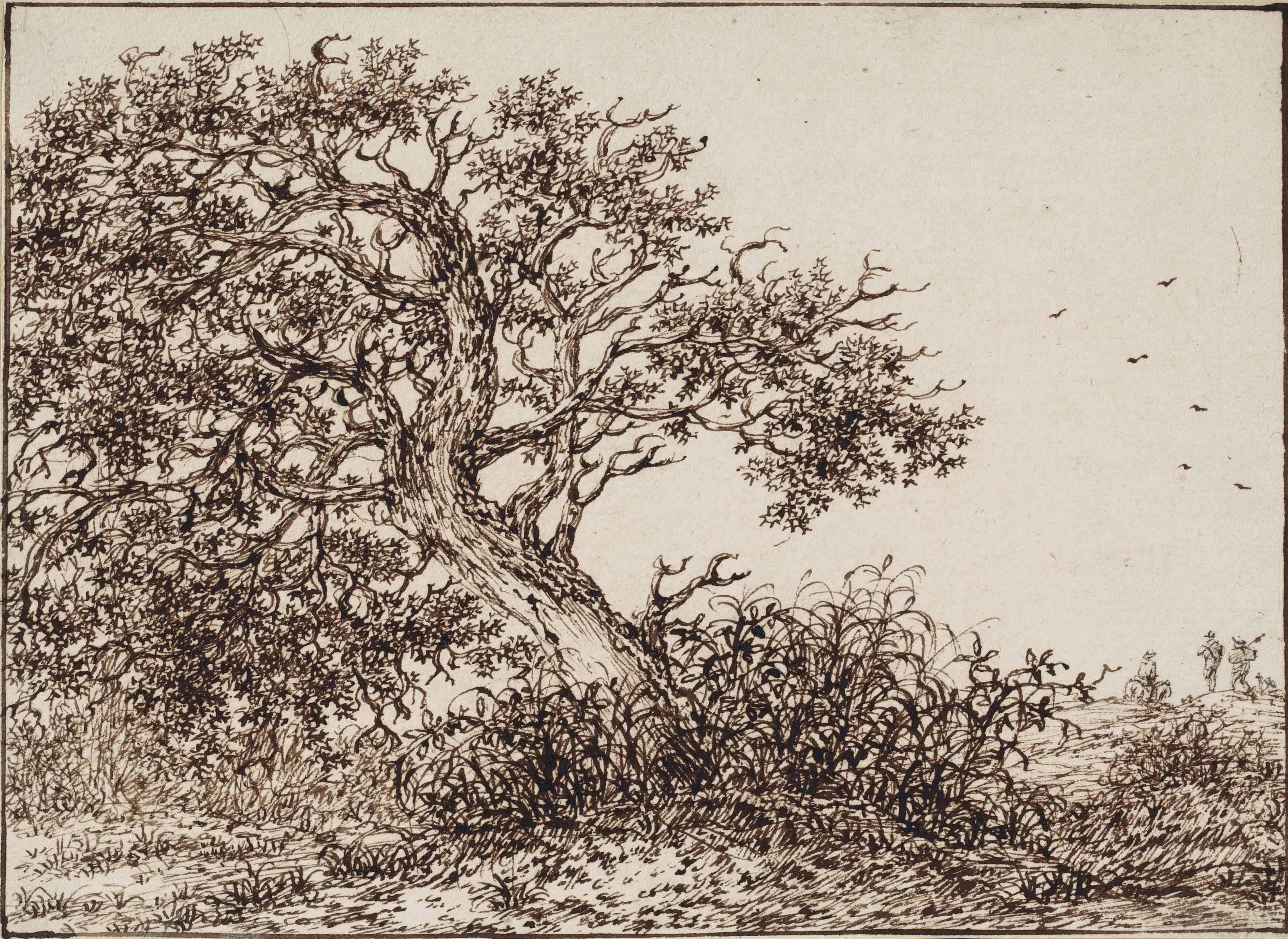 Adriaen Hendriksz. Verboom - A windswept tree, with travellers on a dune beyond